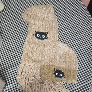 Beige Cat Beanie and Scarf Set